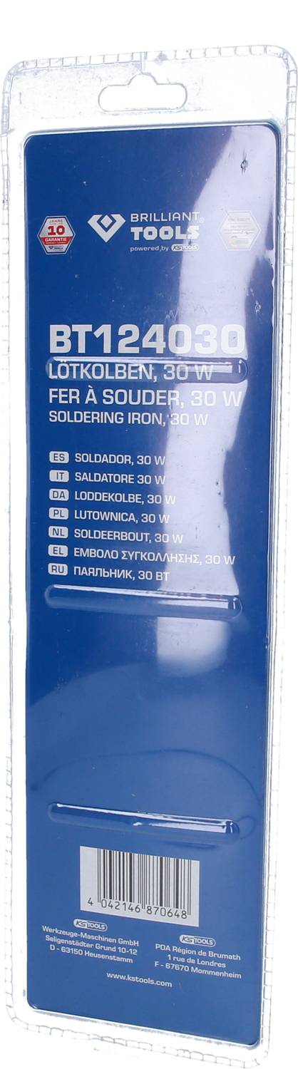 'BT124030 Lötkolben, 30 W' Verpackung für einen Lötkolben mit 30 Watt. Enthält technische Informationen und Markenlogo.