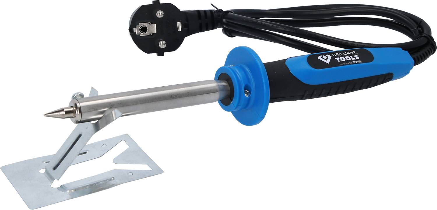 Lötkolben mit blau-schwarzem Griff und Metallspitze auf einer Metallhalterung, mit schwarzem Kabel und Stecker.