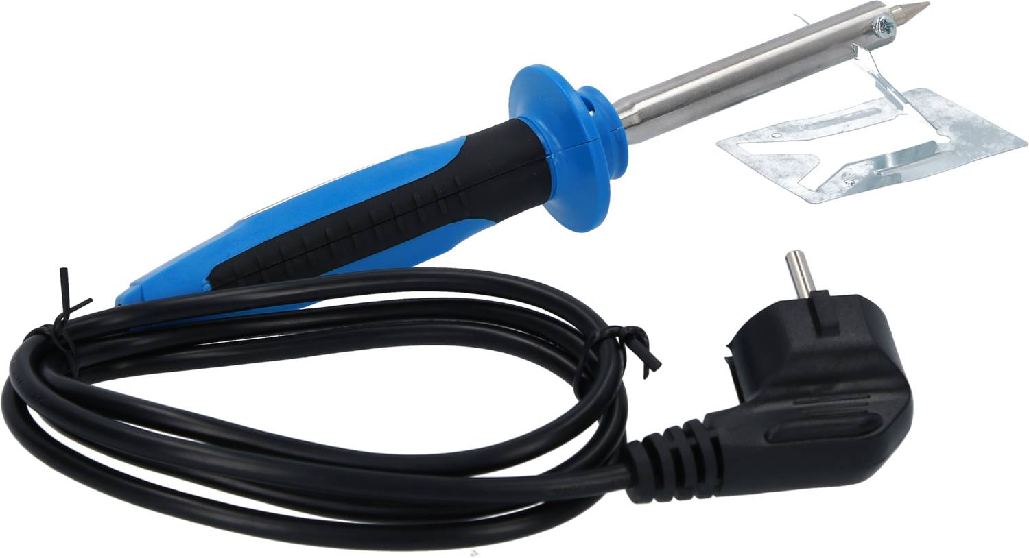 Ein blauer und schwarzer Lötkolben mit einem langen Kabel und Stecker. Das Metallende ist spitz und für Lötarbeiten geeignet.