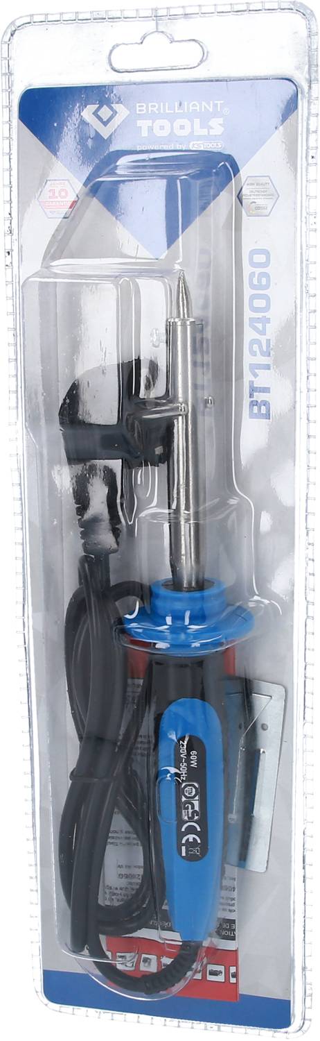 Elektrolötkolben in Verpackung, blaues Griffstück, inklusive Zubehör wie Lötkolbenhalter und Lötspitze. Verpackung mit Werkzeugmarkenlogo.