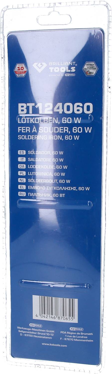 Verpackung eines 60 W Lötkolbens. Enthält Tabellen mit technischen Details und Symbolen. Haupttext: 'BT124060 Lötko.-Fe 60 W'.