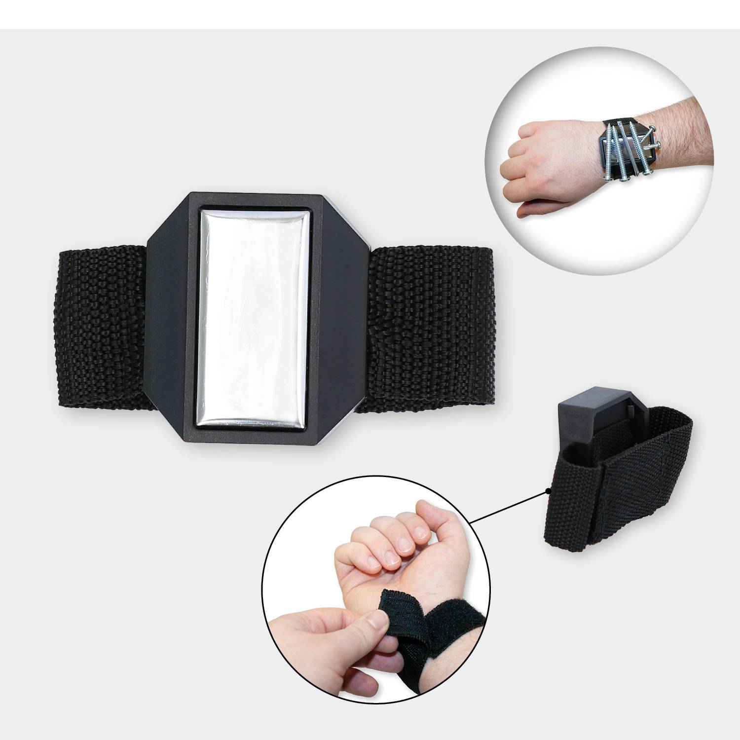Ein schwarzes Armband mit klettbarem Verschluss zeigt, wie es am Handgelenk befestigt wird.