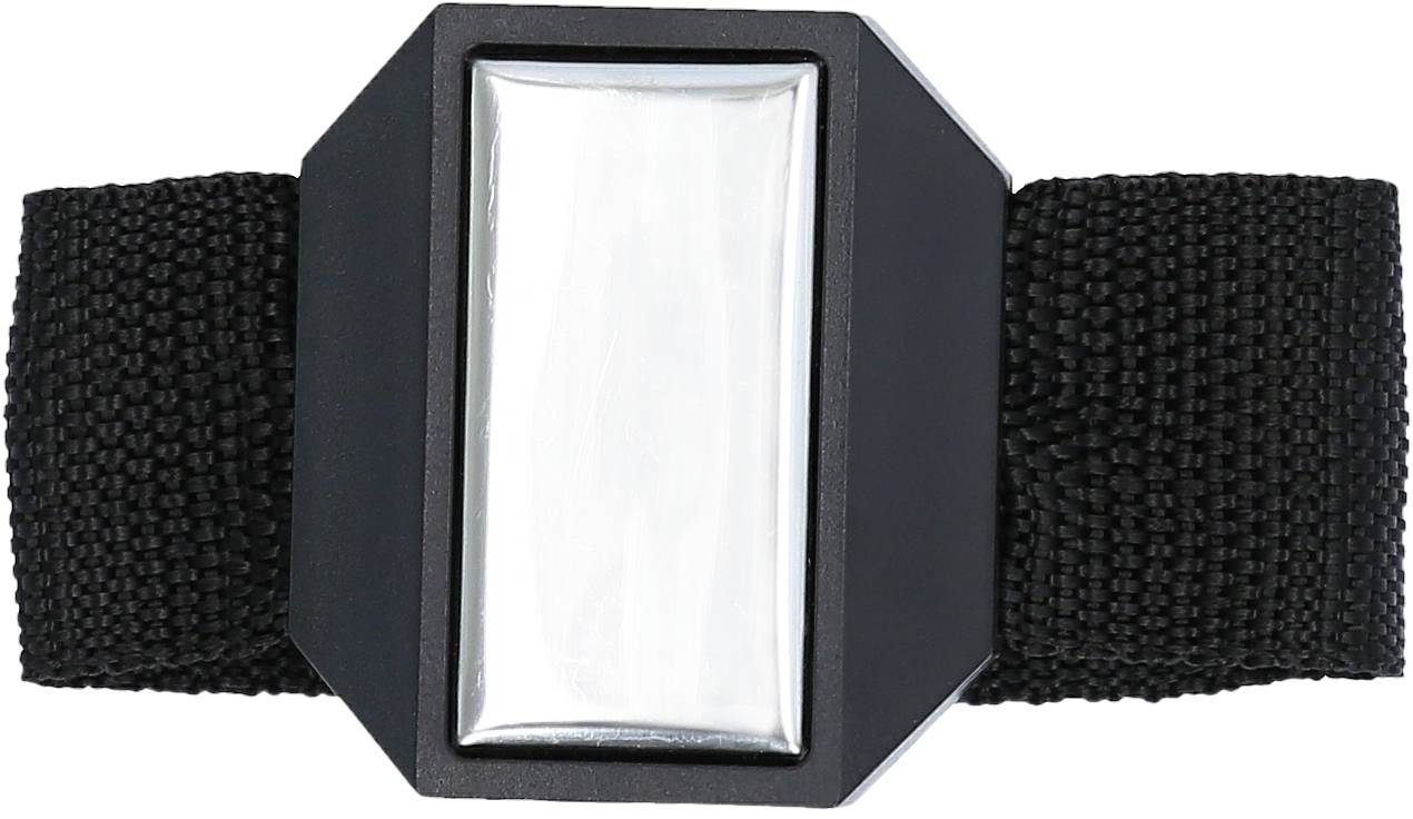 Schwarz-graues Armband mit rechteckiger Metallschnalle, schlichtes Design, geeignet als modisches Accessoire.