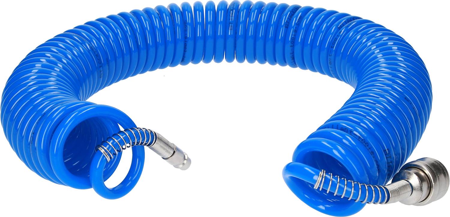 Blauer Spiralschlauch mit Metallanschlüssen, aufgerollt. Hauptsächlich in Luftdrucksystemen oder als Wasserleitung verwendet.