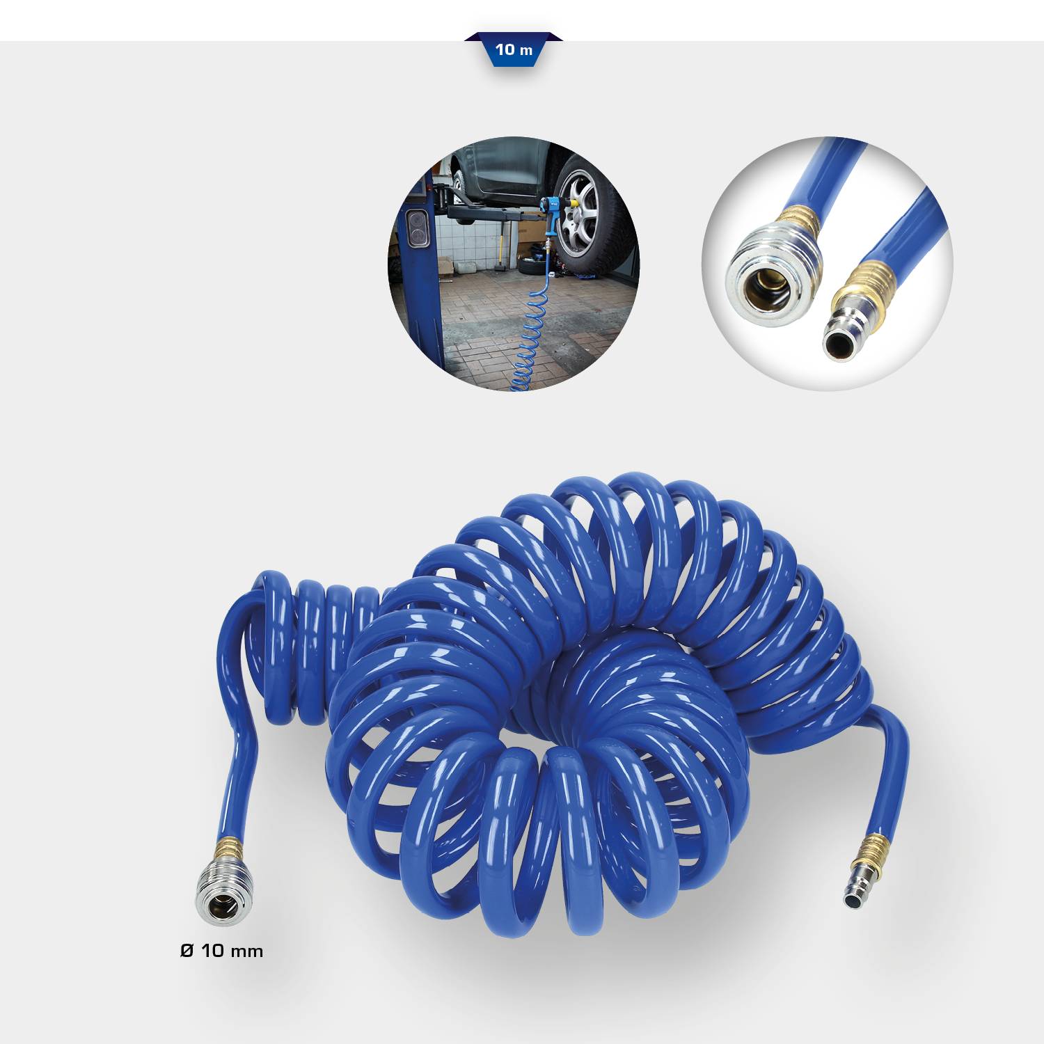 Blauer, flexibler Schlauch von 10 Metern und 10 Millimeter Durchmesser, wird mit einem Reifen verbunden. Vergrößerte Anschlüsse rechts oben.