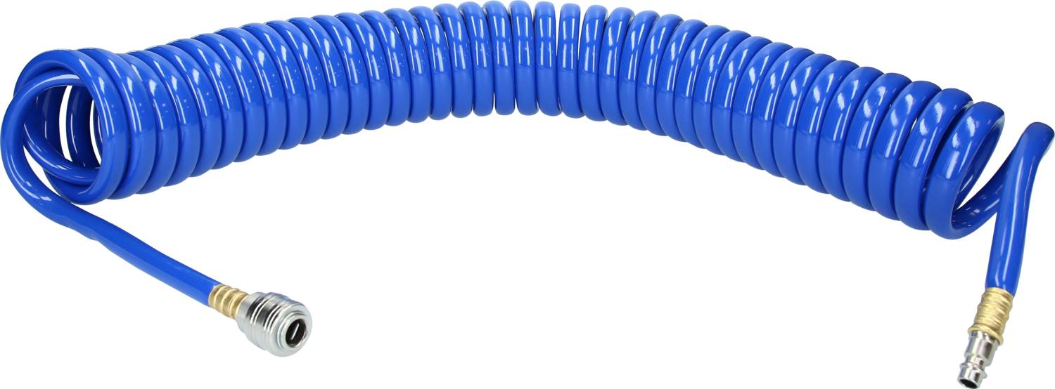 Blauer Spiralschlauch mit zwei Metallanschlüssen an den Enden, verwendet zur Luft- oder Flüssigkeitsdurchführung in technischen Anwendungen.