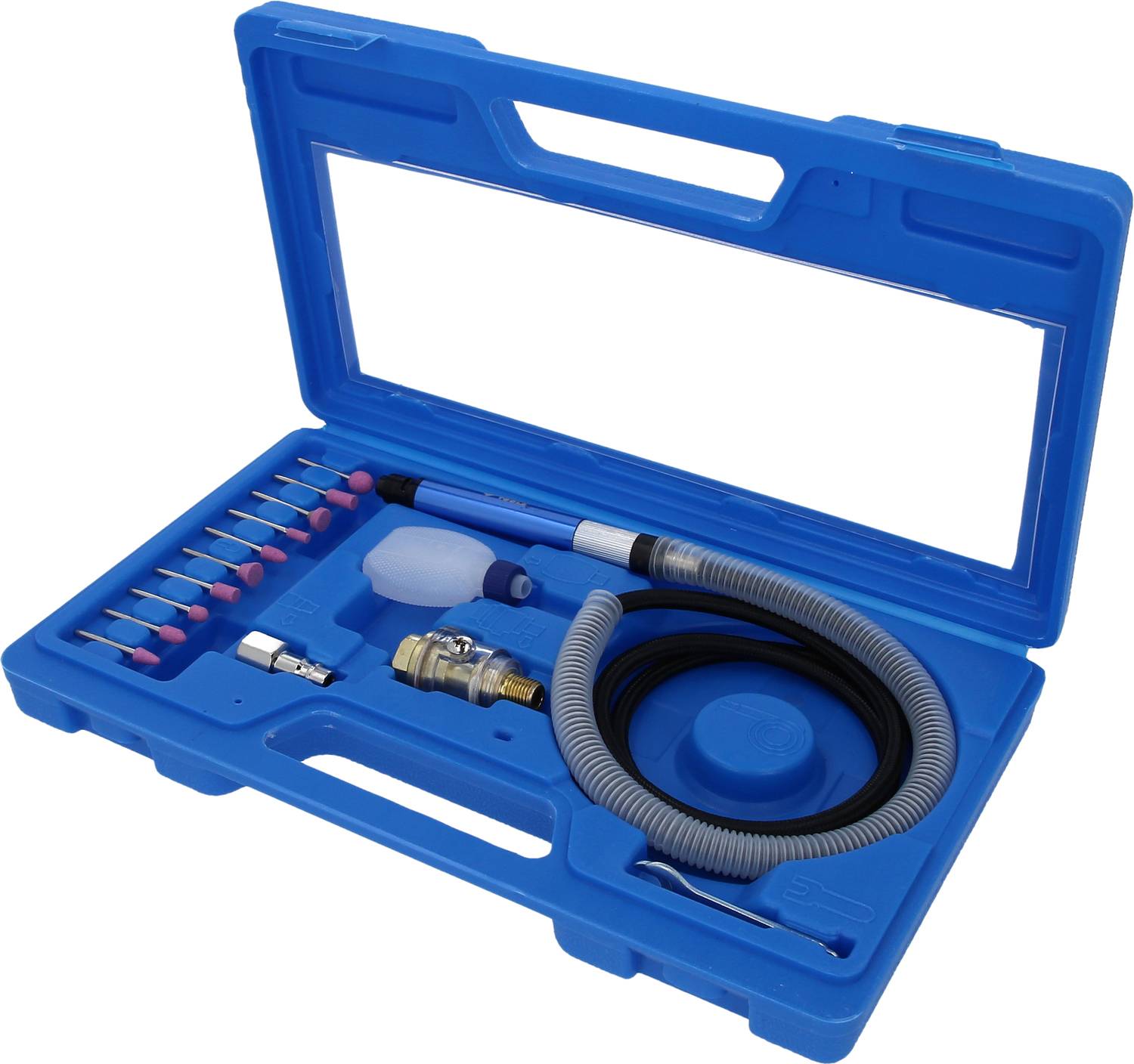 Blauer Werkzeugkoffer mit Bohrschleifer, flexiblem Schlauch und verschiedenen Aufsätzen in Schaumstoffinlay organisiert.