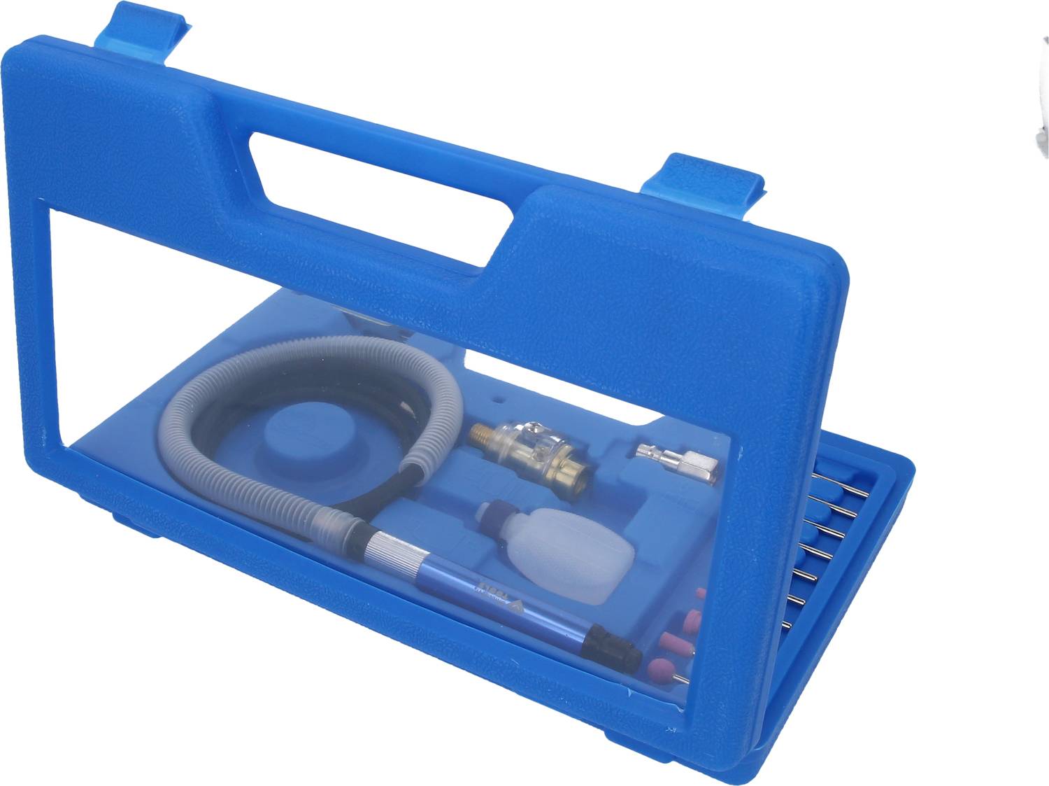 Blauer Kunststoffkoffer mit Schlauch, Sprühflasche, Düse und mehreren Aufsätzen. Enthält Werkzeuge und Zubehör zum Sprühen.