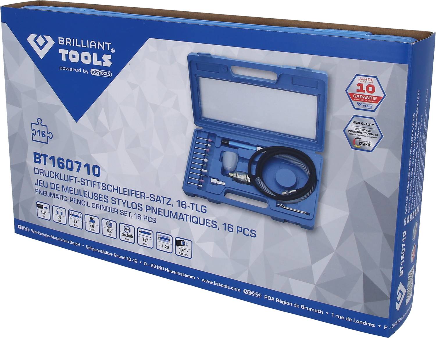 Druckluft-Stiftschleifer-Satz, 16-teilig von Brilliant Tools. In blauem Koffer, ideal für präzises Schleifen und Polieren.
