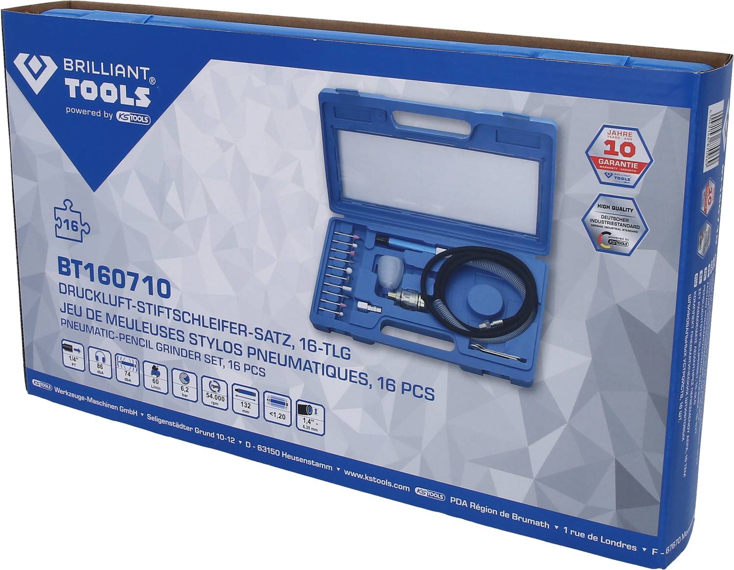 'Druckluft-Stiftschleifer-Satz, 16-tlg' in blauem Koffer. Produktverpackung mit Logo, Satzbeschreibung und Garantiesiegel.