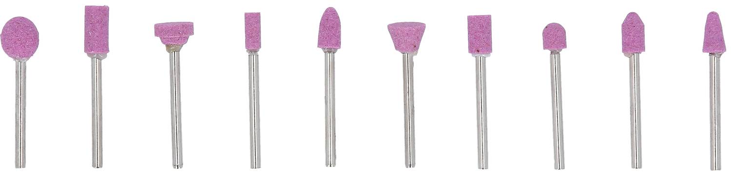 Zehn verschiedene rosa Schleifaufsätze mit Metallschaft, in einer Reihe angeordnet, genutzt für präzise Schleifarbeiten in Handwerk und Industrie.