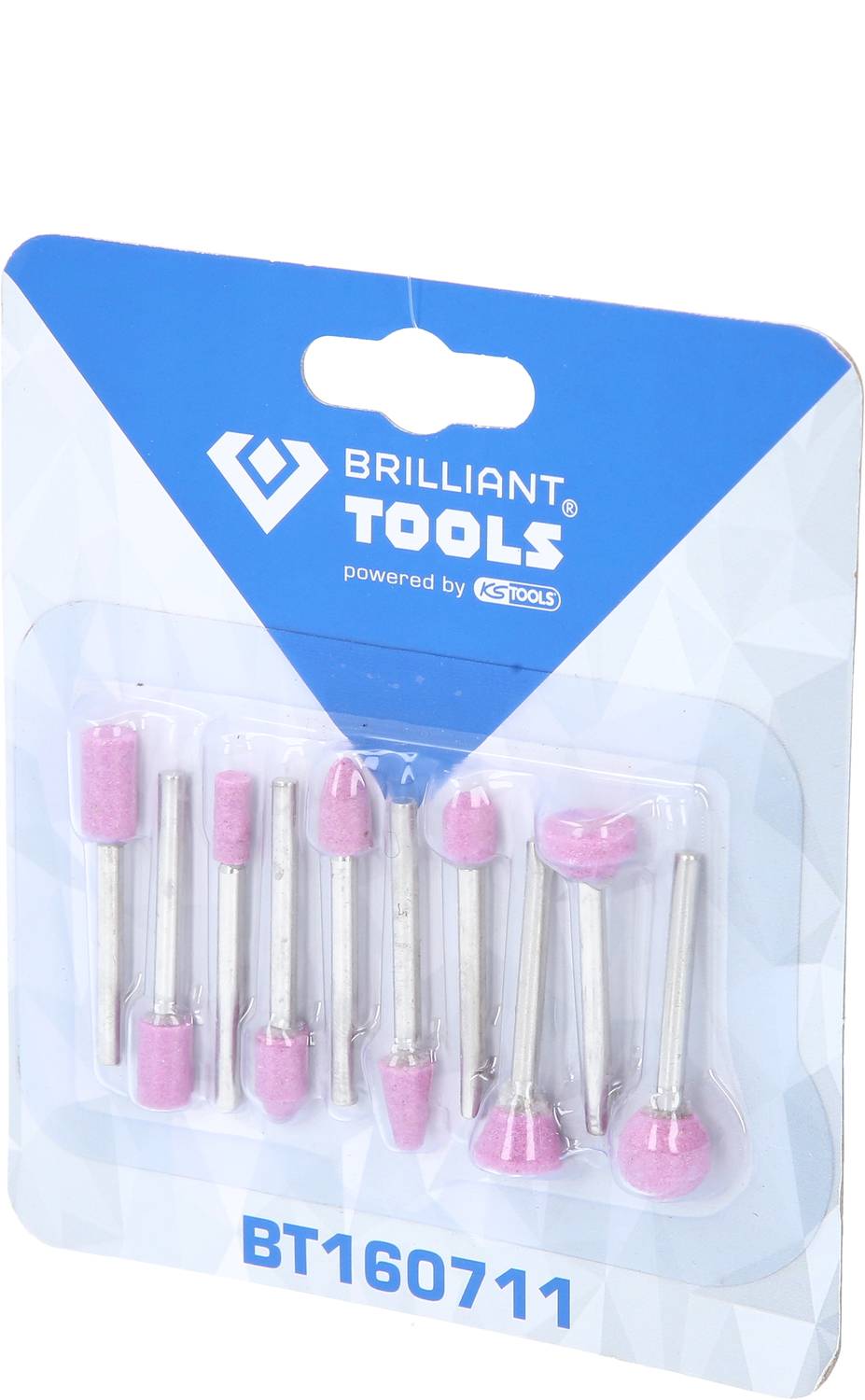 Eine Verpackung mit zehn rosa Schleifköpfen von 'Brilliant Tools', Produktnummer BT160711.