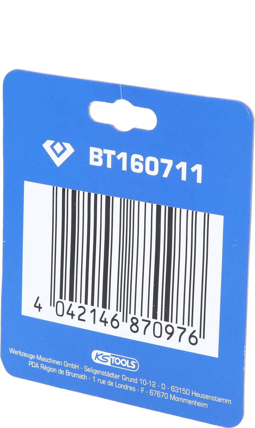 Blauer Barcode-Etikett mit weißer Aufschrift 'BT160711'. Enthält Strichcode 4042146870976. Firmenname und Adresse unten.
