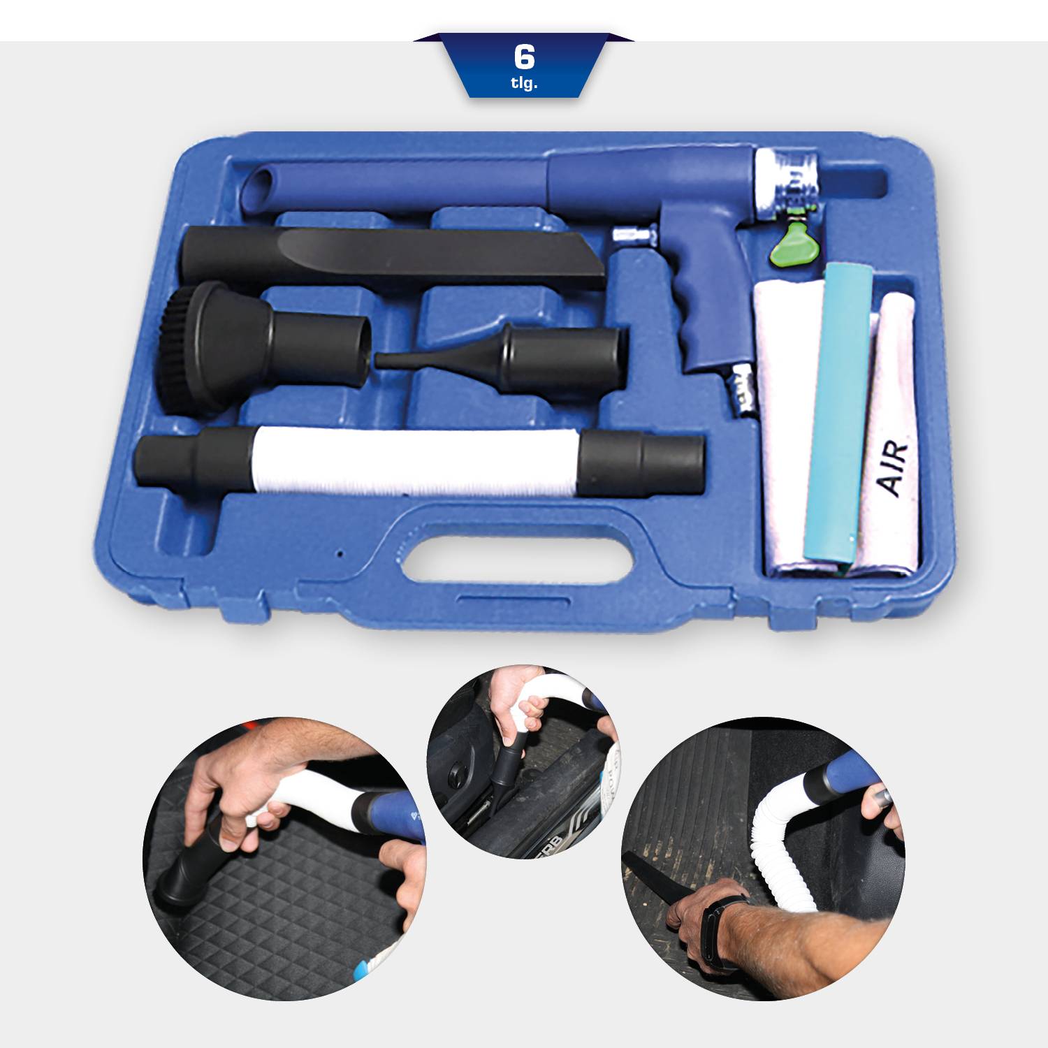 Reinigungspistolen-Set in einem blauen Koffer mit verschiedenen Düsen und Zubehör zum Reinigen von Autoinnenräumen.