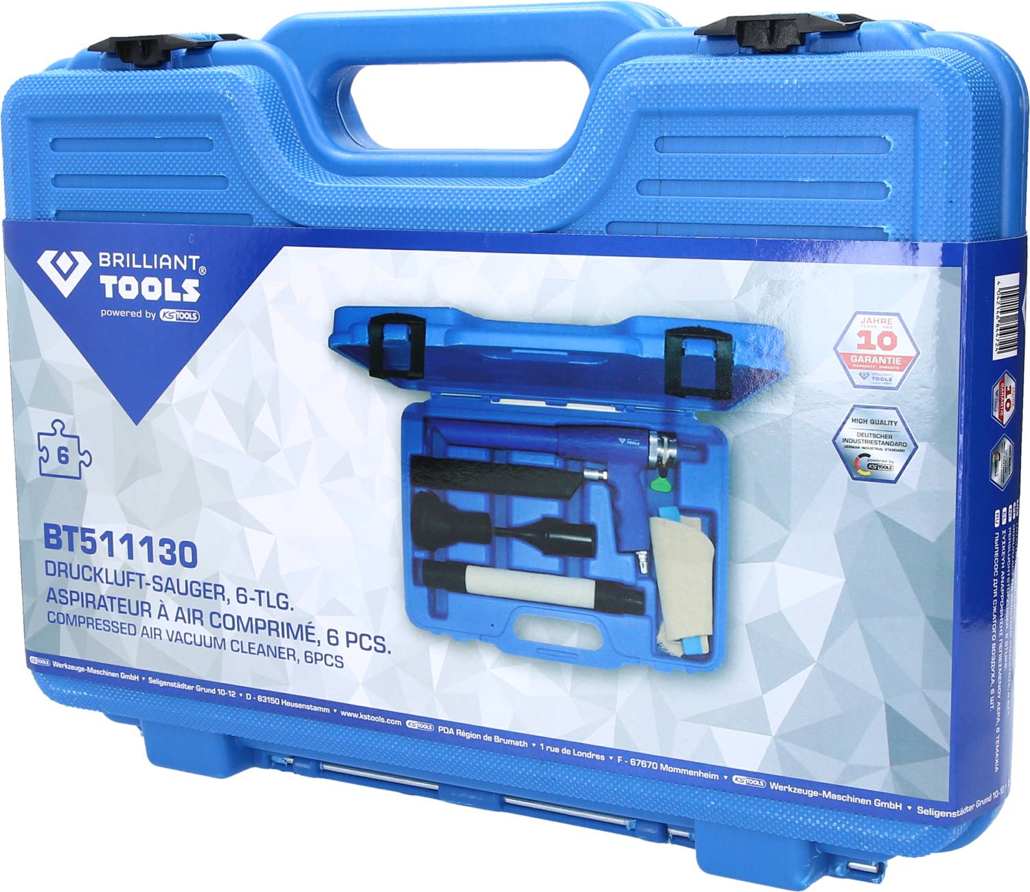 Ein blauer Werkzeugkoffer mit der Aufschrift 'Druckluft-Sauger, 6-tlg.'. Enthält ein 6-teiliges Set für Druckluftreinigung.