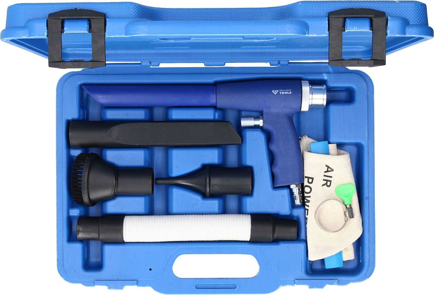 Ein blauer Koffer mit einer Air-Power-Reinigungspistole, verschiedenen Düsen und Zubehörteilen, die in Fächern angeordnet sind.