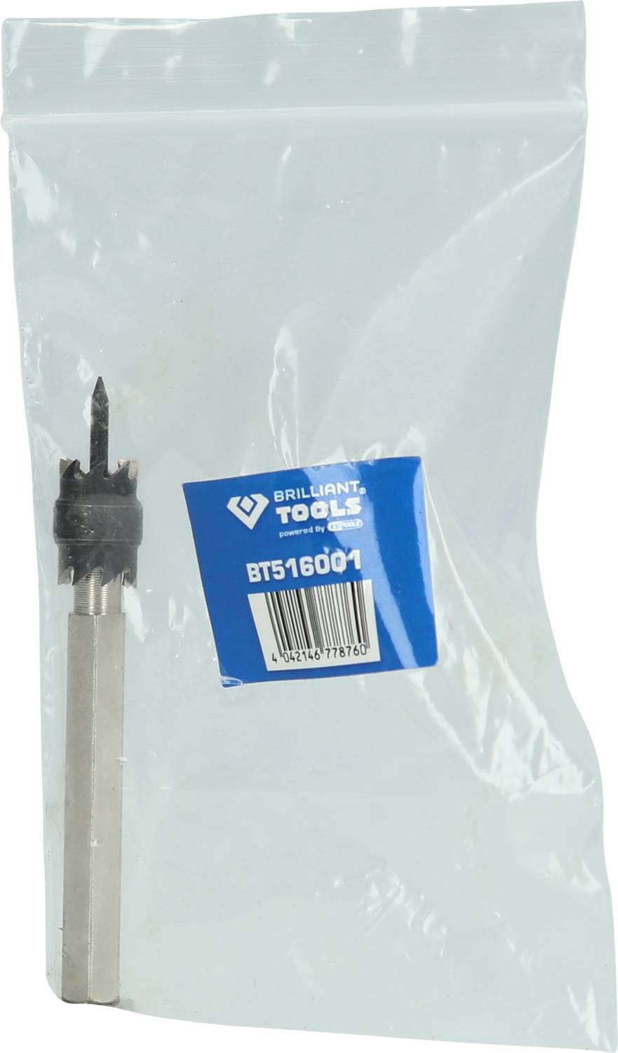 Ein Forstnerbohrer in einer durchsichtigen Plastiktüte mit einem blauen Etikett, auf dem 'BRILLIANT TOOLS BT516001' steht.