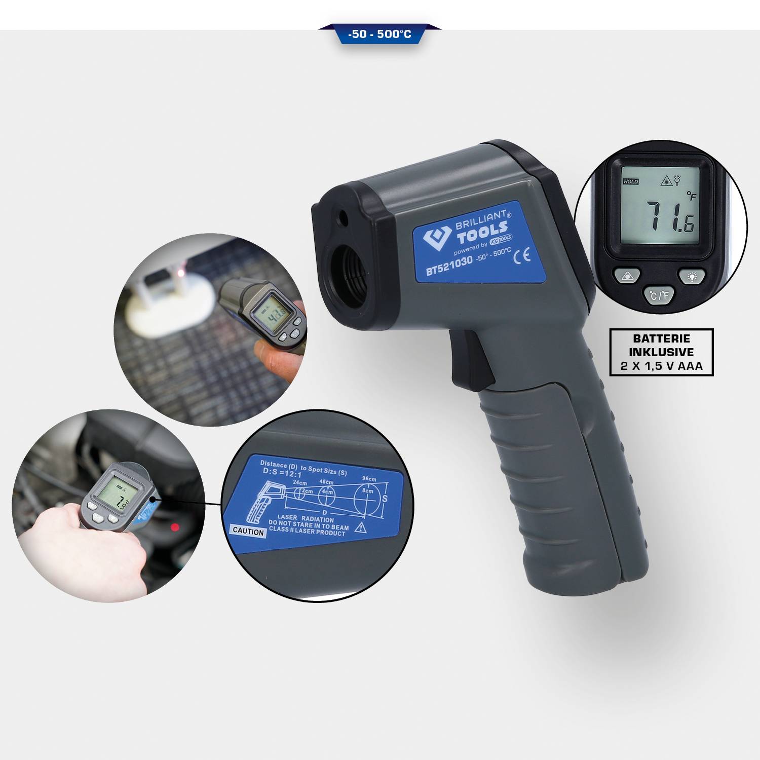 Infrarot-Thermometer zeigt 71,6°C. Enthält 2 AAA-Batterien. Anleitung und Warnhinweise auf der blauen Oberfläche des Geräts.