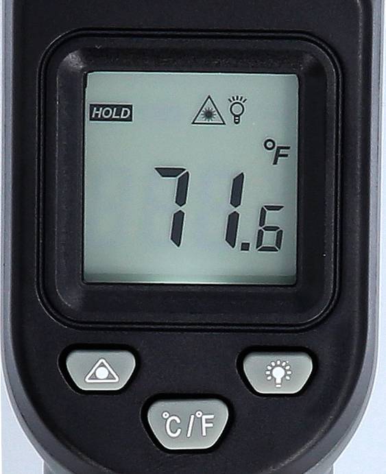 Digital-Thermometer zeigt '71.6°F' auf LCD-Display an. Oben links steht 'HOLD', mit Symbolen für Laser und Beleuchtung.