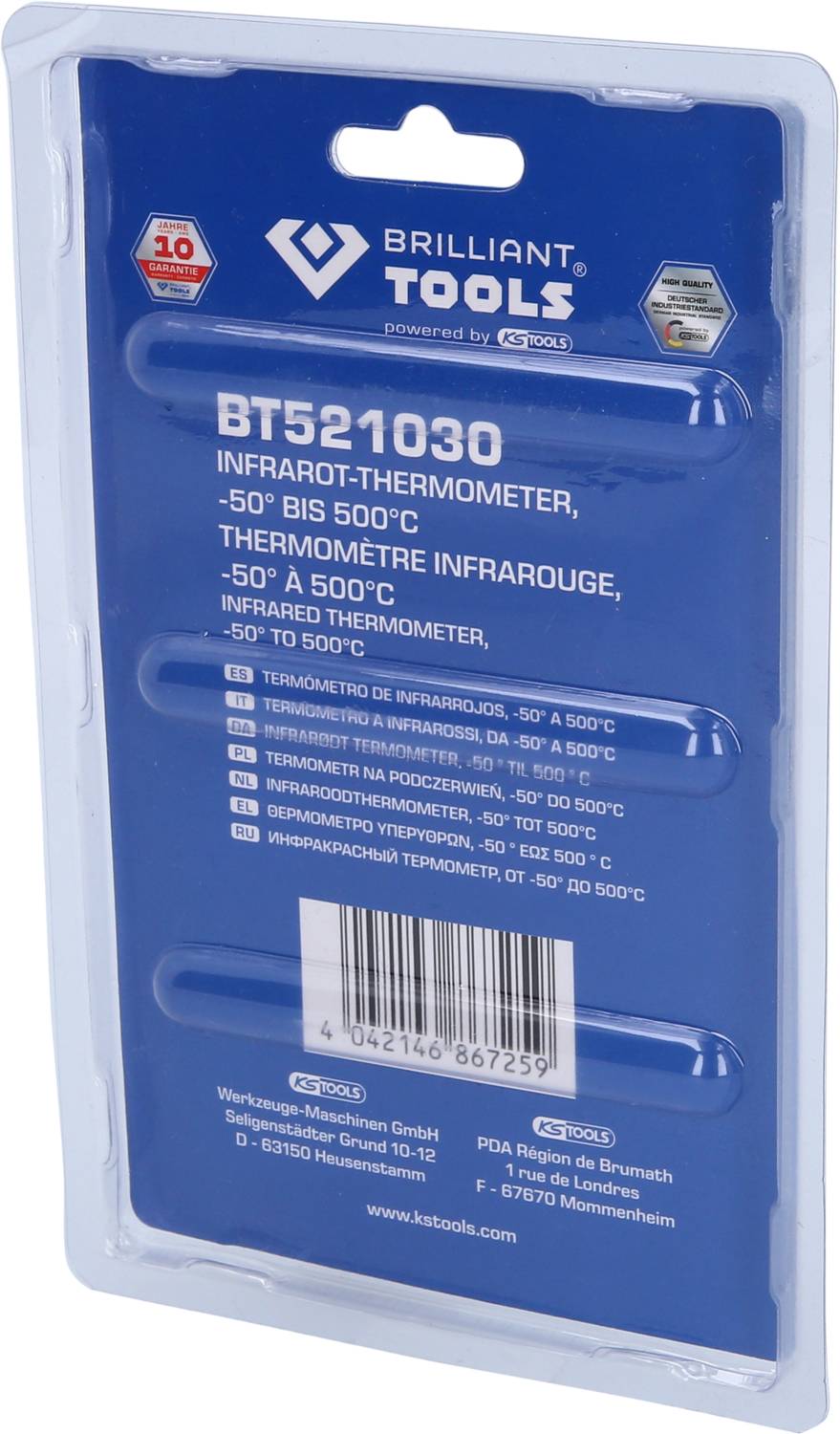 'Brilliant Tools BT521030 Infrarot-Thermometer', misst Temperaturen von -50°C bis 500°C, erkennt genaue Oberflächentemperaturen.