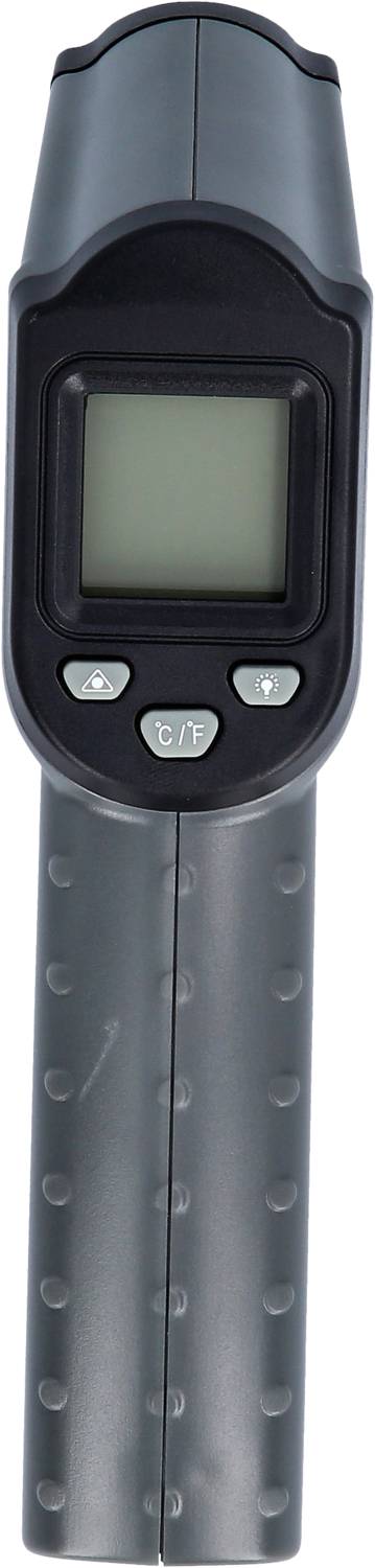 Ein digitales Thermometer mit Display und schwarzen Tasten auf einem grauen Griff.