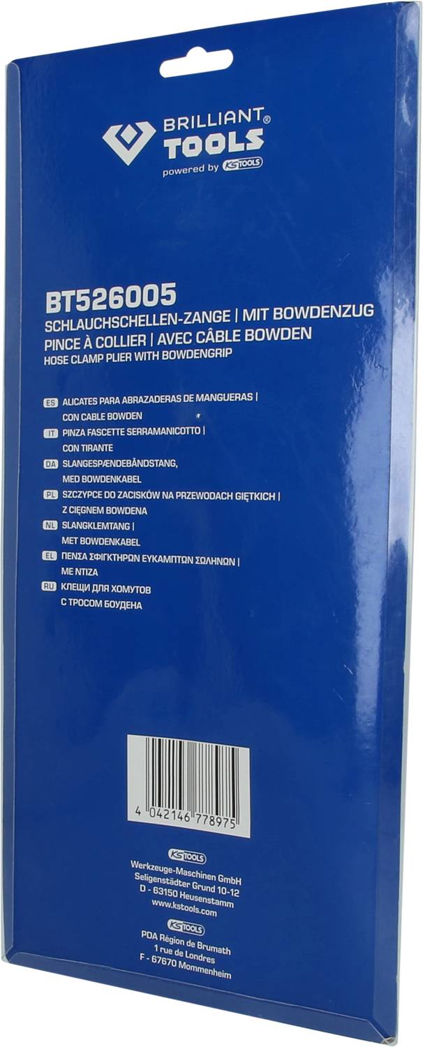 Verpackung der BT526005 Schlauchschellen-Zange mit Bowdenzug von Brilliant Tools. Verpackung in Blau mit Produktbeschreibung auf Deutsch, Englisch und Französisch.