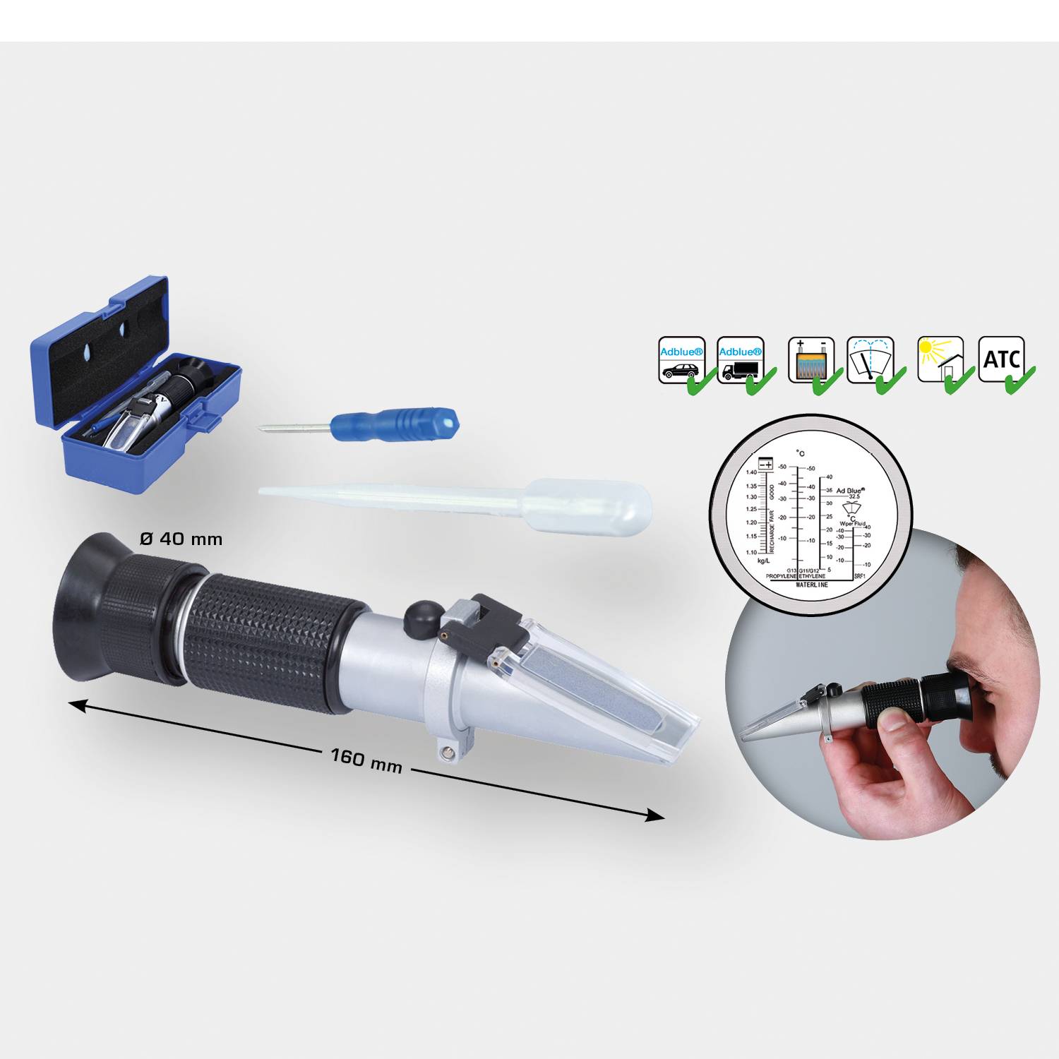 Handrefraktometer zur Messung von Flüssigkeitsdichte; enthält Maßeinheiten, Skala auf Lupe, in der Hand gehalten, mit Zubehör.