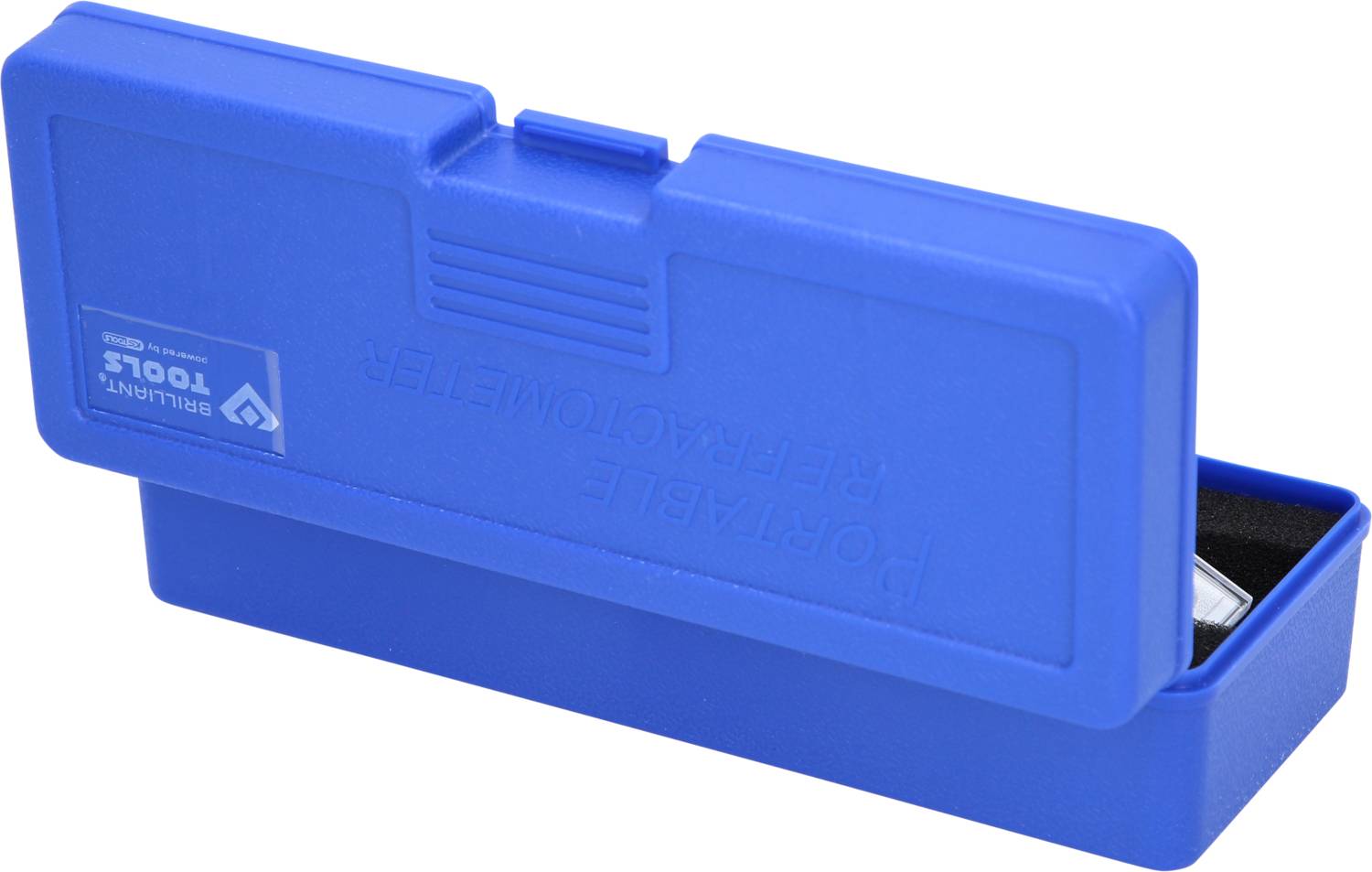 Blaue Werkzeugbox mit Scharnierdeckel, offen, zeigt ein geordnetes Werkzeugset. Box trägt das Logo 'Brilliant Tools'.