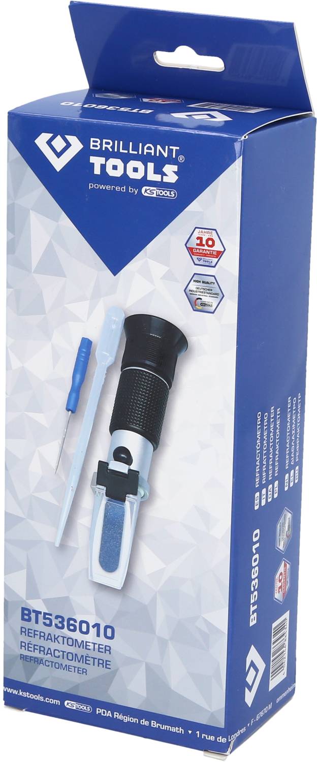 Verpackung eines Refraktometers von Brilliant Tools, Modell BT536010, mit Zubehör. Markenlogo und Produktdetails auf der Vorderseite.
