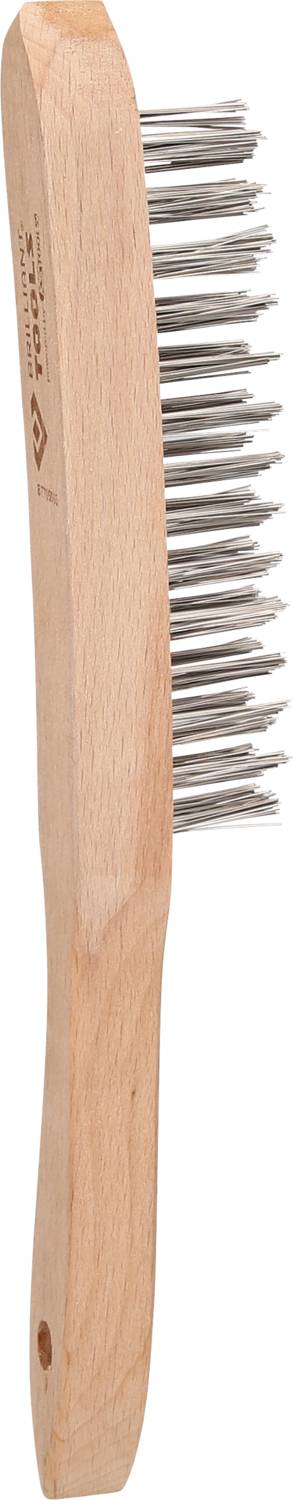 Holzgriffbürste mit langen Metallborsten, geeignet für schwere Reinigungsarbeiten oder das Entfernen von Rost und Farbe.