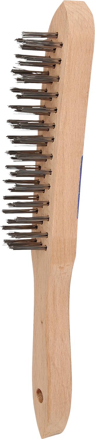 Holzgriff-Drahtbürste mit Metallborsten, verwendet zum Reinigen oder Entrosten von Oberflächen.