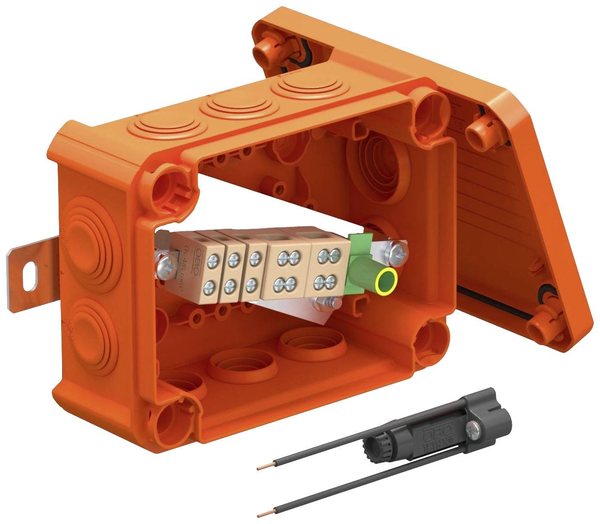 Orange Elektro-Verbindungsdose mit abgenommenem Deckel, zeigt innenliegende Klemme. Daneben liegt ein schwarzer Steckverbinder.