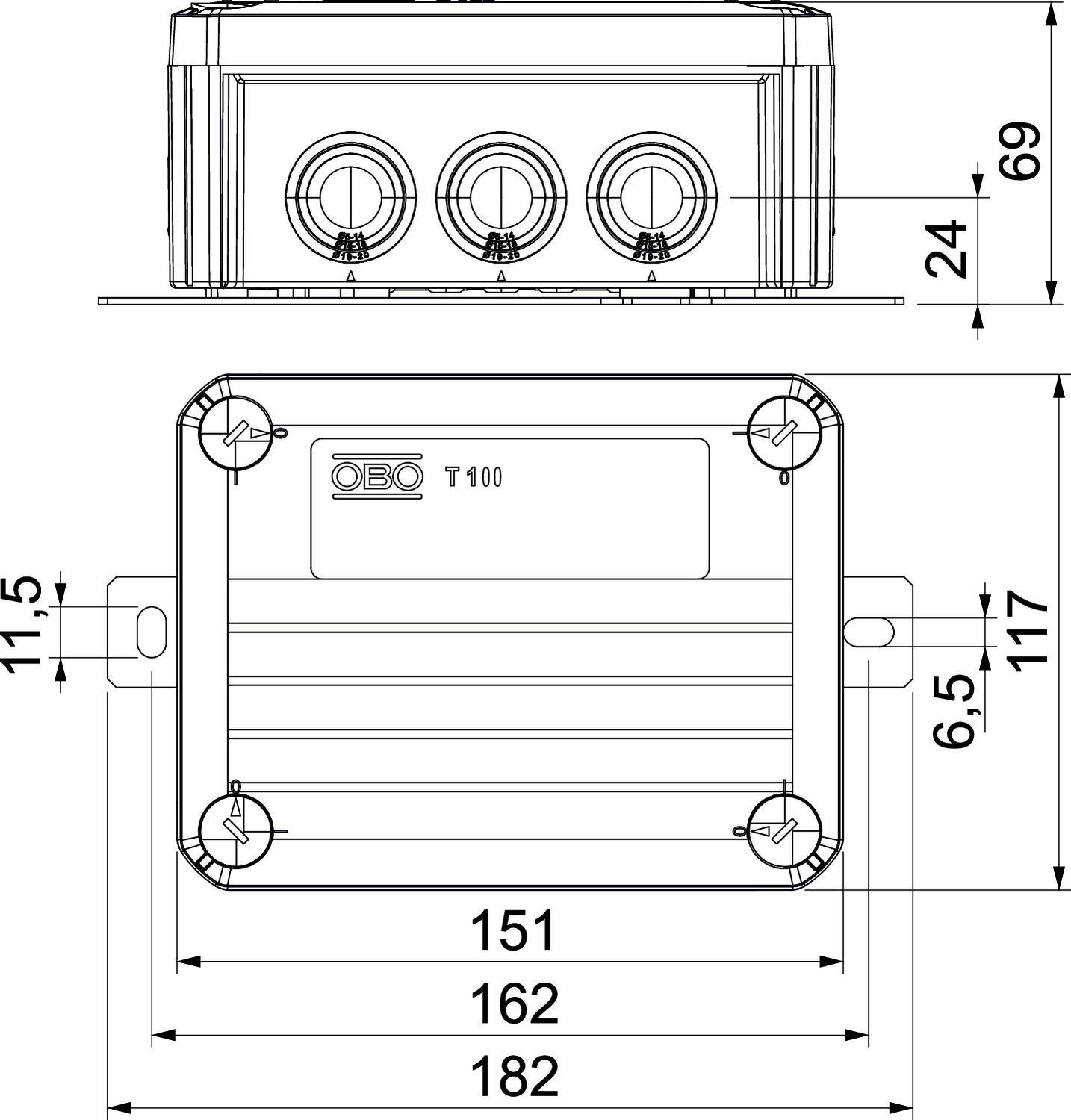Technische Zeichnung eines rechteckigen Geräts mit Maßen: 182 mm Breite, 117 mm Höhe. Drei Anschlussöffnungen oben, Etikett 'OBO T100'.
