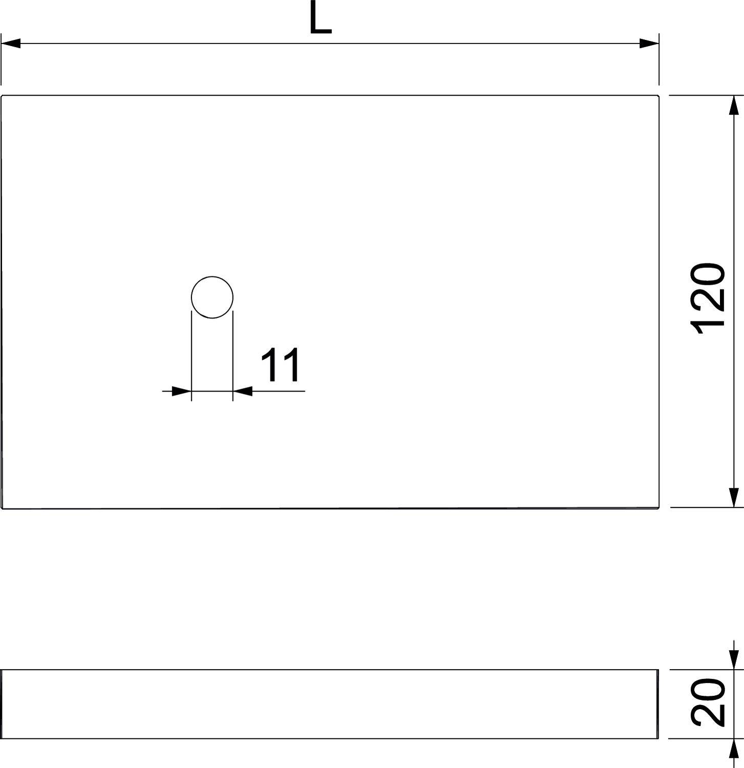 Technische Zeichnung eines rechteckigen Bauteils, 120 mm hoch, mit Loch von 11 mm Durchmesser, 20 mm tief. Länge als 'L' angegeben.