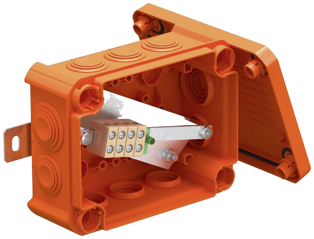 Elektrische Anschlussdose aus orangefarbenem Kunststoff, geöffnet, zeigt interne Verdrahtung mit Schraubklemmen und Erdungsschiene.