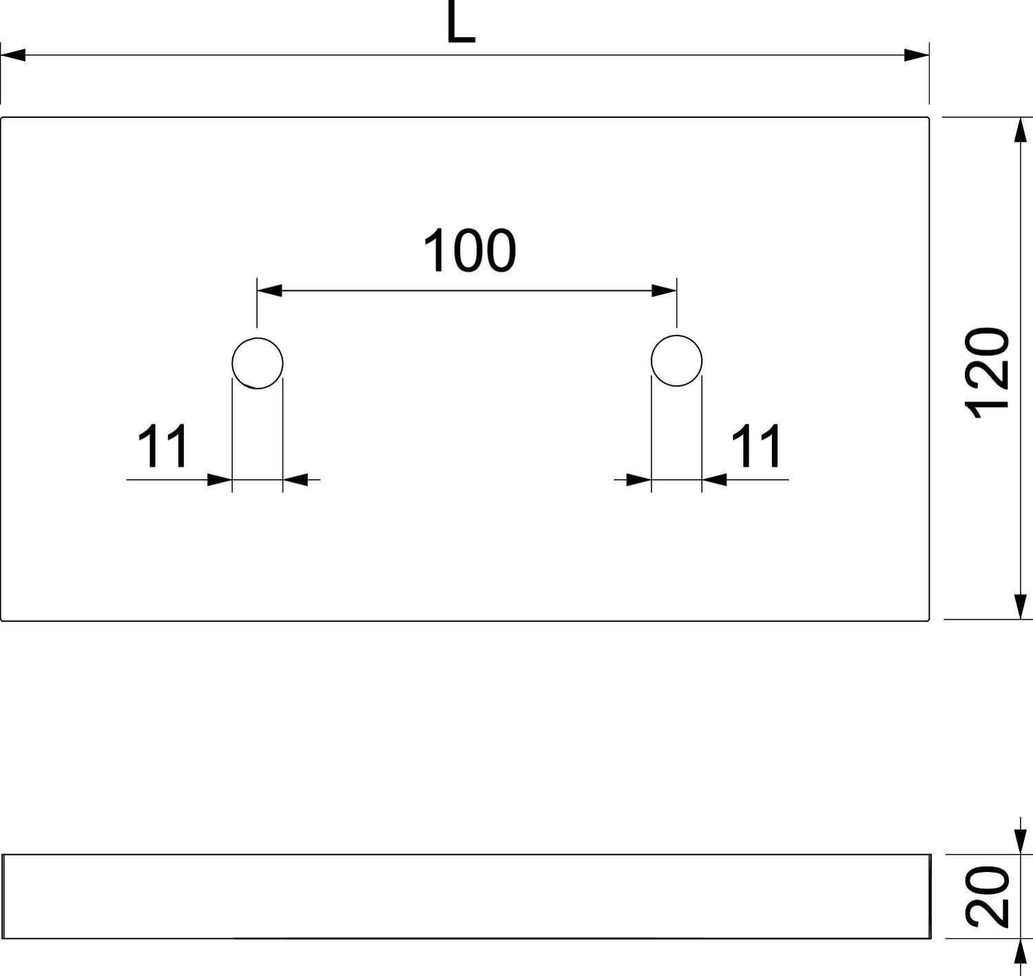 Technische Zeichnung eines rechteckigen Bauteils mit zwei gebohrten Löchern im Abstand von 100 mm. Maße: Länge (L), Höhe 120 mm, Dicke 20 mm.