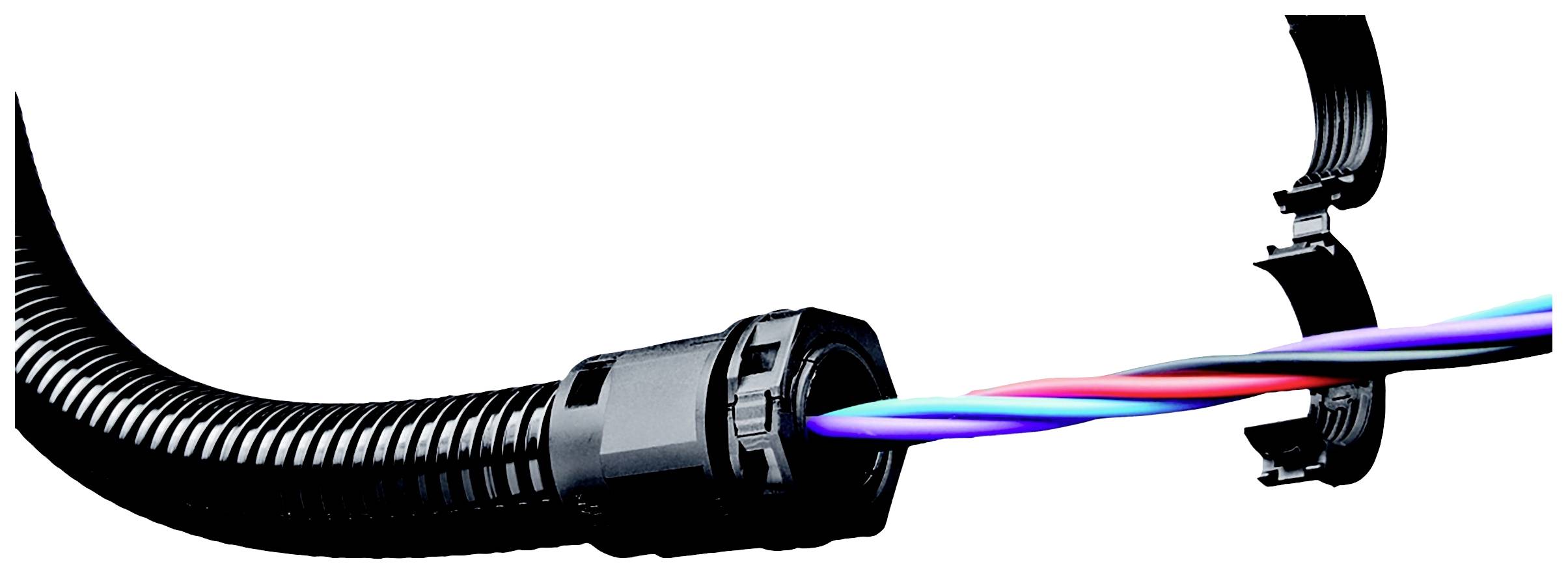 Ein schwarzer Kabelschlauch mit einem geöffneten Verschluss zeigt bunte Drähte im Inneren, die Rot, Blau und Violett sind.