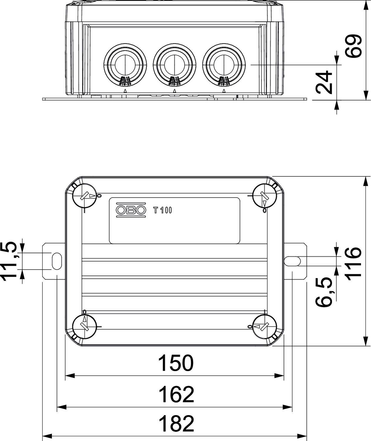 Technische Zeichnung einer rechteckigen elektrischen Anschlussdose mit Maßen: Breite 182 mm, Höhe 116 mm, Tiefe 69 mm.