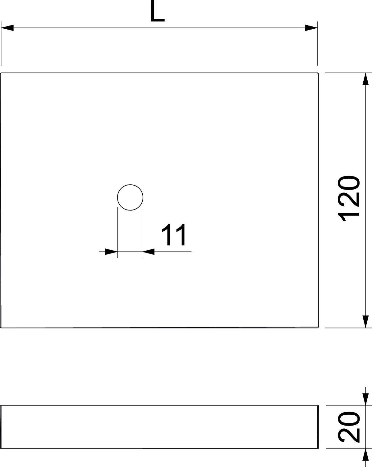 Technische Zeichnung eines rechteckigen Bauteils mit den Maßen 120 x 20. Auf der oberen Fläche ein Loch mit Durchmesser 11 markiert.