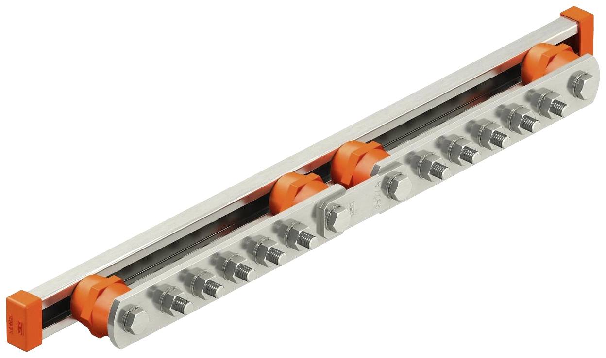 Metallschiene mit zwei Reihen von Schrauben, die von orangefarbenen Kunststoffteilen gehalten werden.