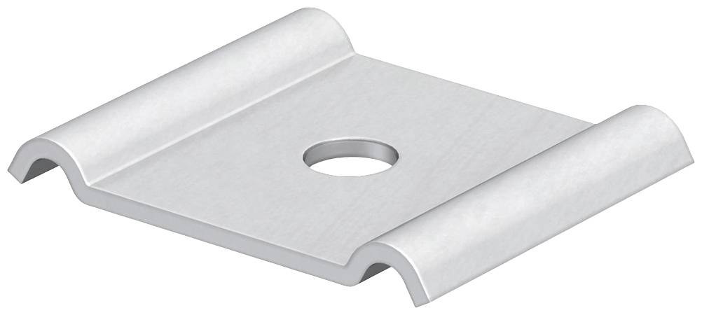 Metallische Halterung mit gewelltem Profil und zentralem Loch, geeignet zur Befestigung oder Montage von Objekten.