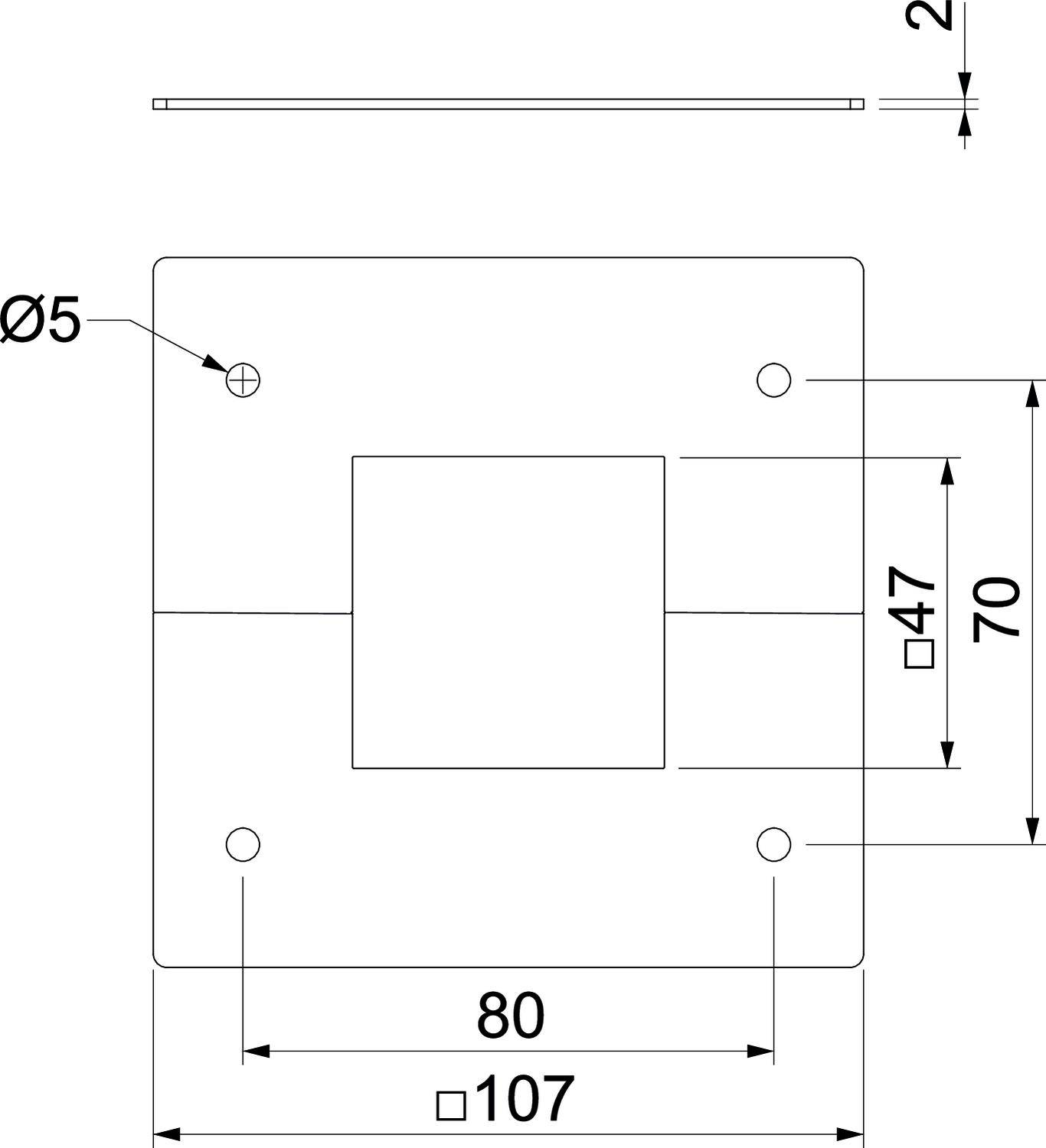 Technische Zeichnung eines rechteckigen Metallblechs mit mehreren Bohrungen und Maßen: 80mm Breite, 107mm Höhe, 70mm quadratische Öffnung.