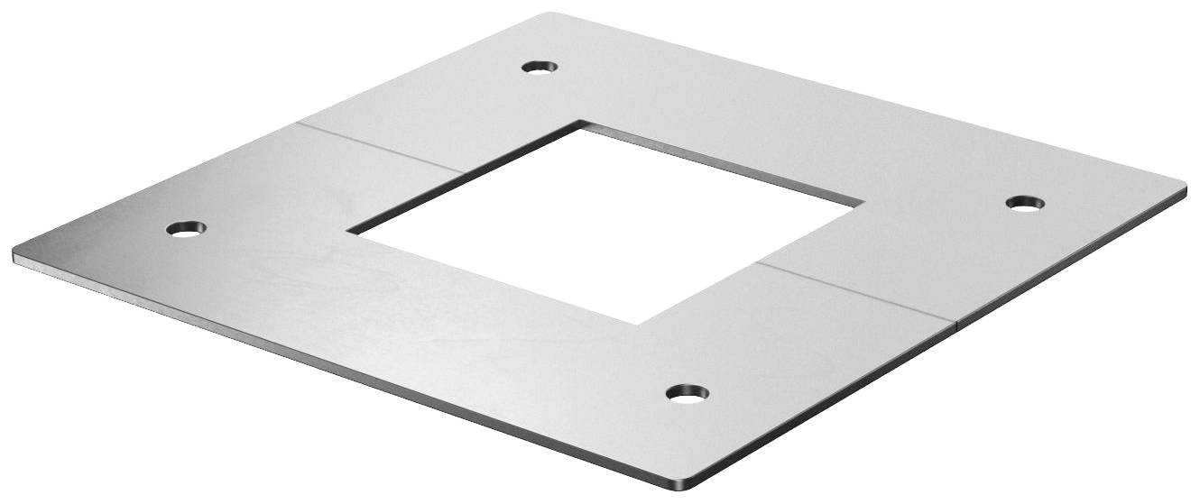 Metallplatte mit quadratischer Aussparung in der Mitte und vier Bohrlöchern an den Ecken.
