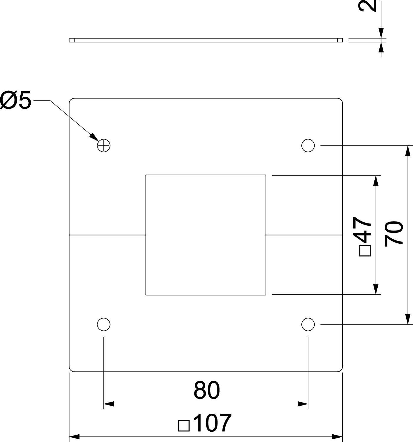 Schematische Zeichnung eines rechteckigen Metallblechs mit Maßen: 80x107 mm. Quadratzentrum von 47x70 mm, Lochdurchmesser 5 mm.