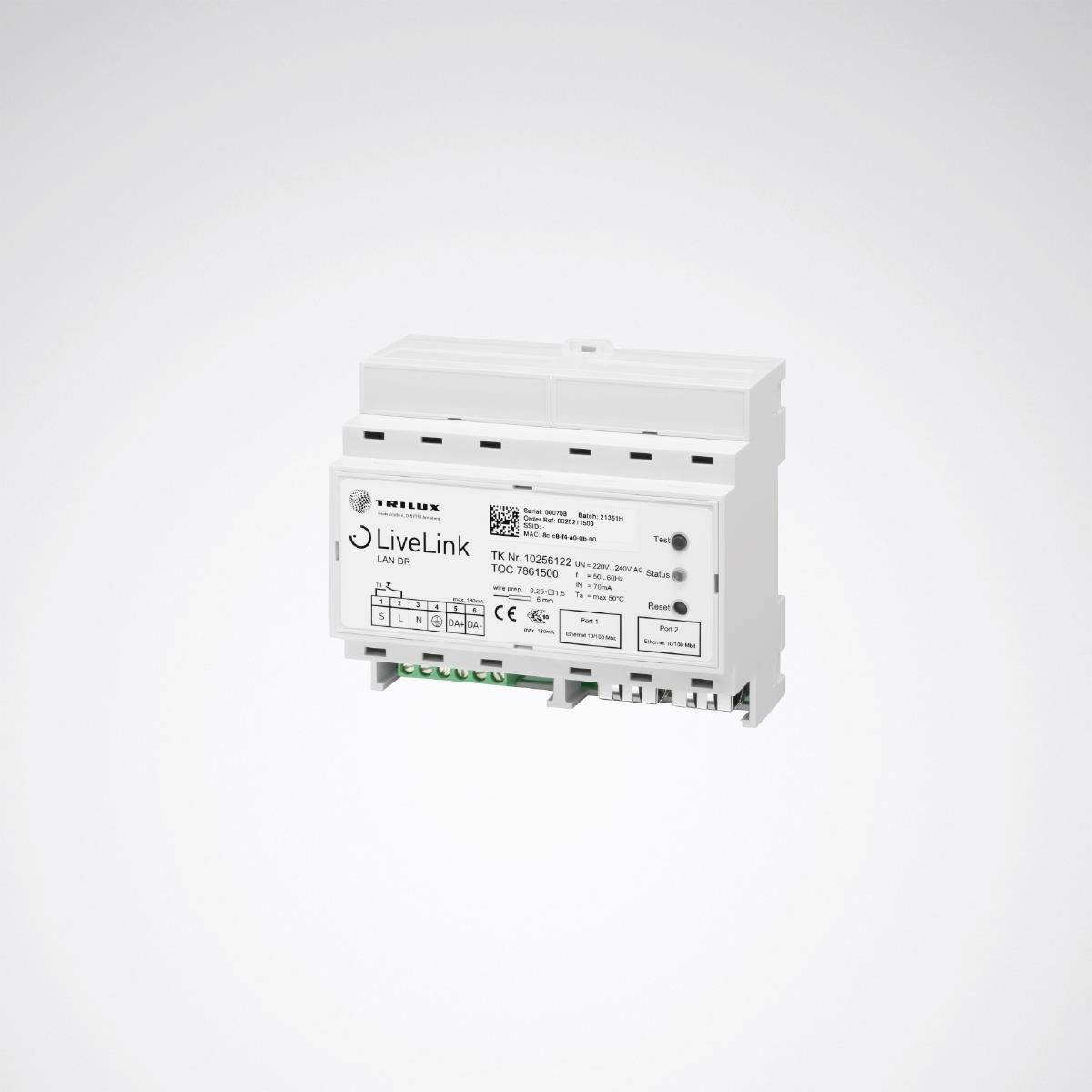 Ein weißes elektrisches Steuergerät mit der Aufschrift 'LiveLink' und technischen Spezifikationen auf einem Etikett.
