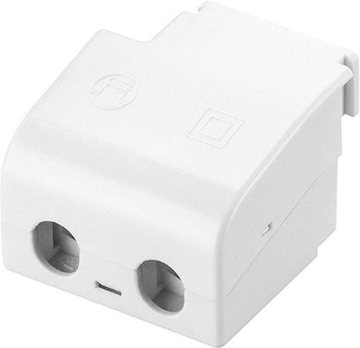 Ein weißer elektrotechnischer Steckeradapter mit zwei Löchern und Symbolen auf der Oberseite, geeignet für elektrische Verbindungen.