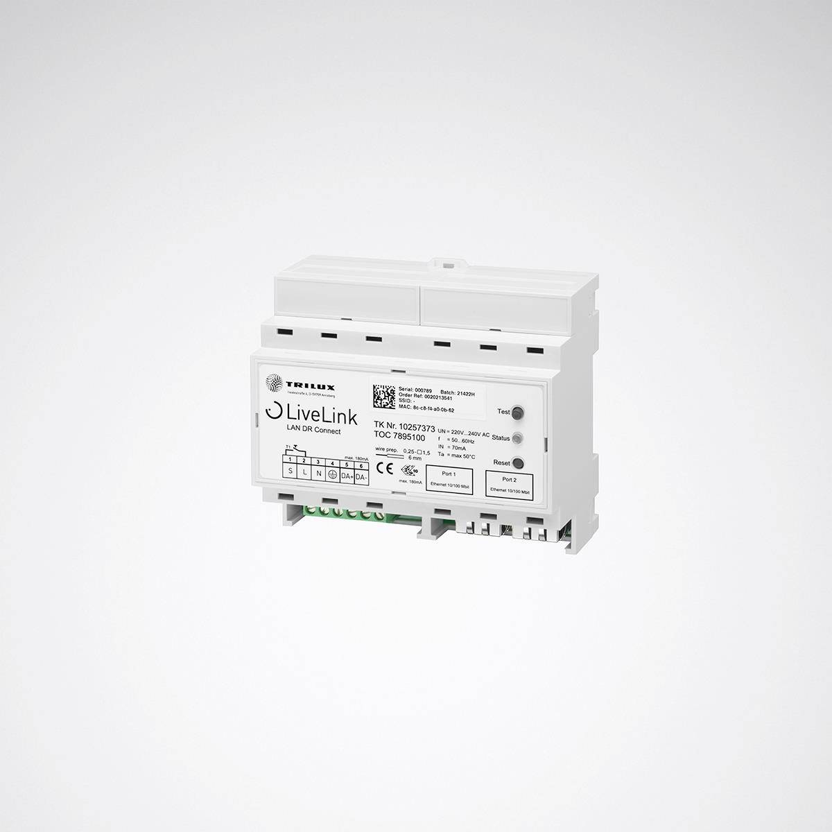 Ein weißer Steuerungsgerät mit der Aufschrift 'LiveLink', mehreren Anschlussklemmen und technischen Informationen auf der Vorderseite.