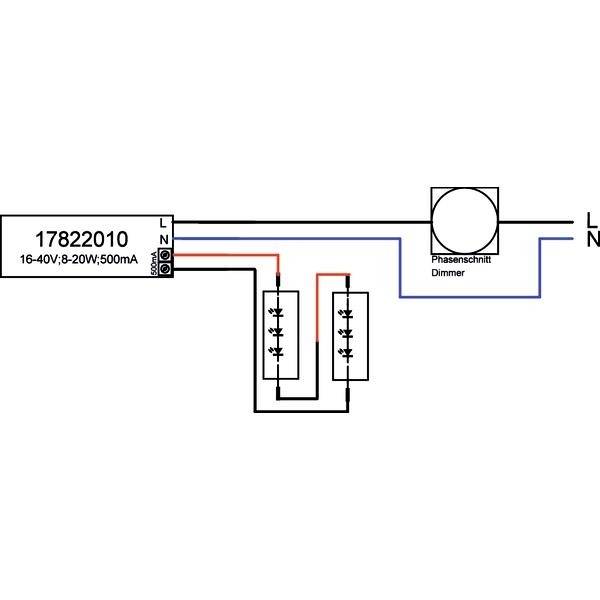 Schaltplan eines Phasenabschnittdimmers: Zeigt die Verdrahtung zwischen einem Dimmer, einer Netzquelle und zwei angeschlossenen Geräten.