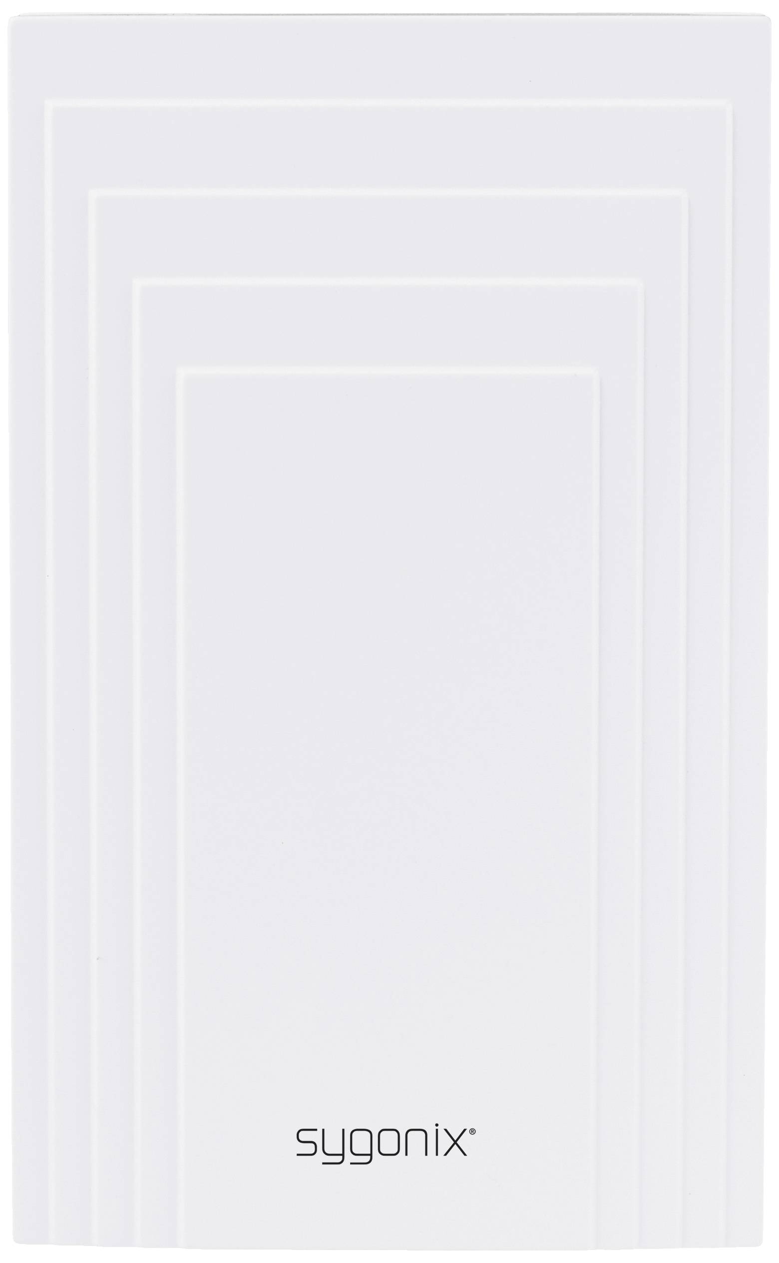 Ein rechteckiges weißes Gerät von Sygonix mit minimalistischen geometrischen Linien auf der Oberfläche.