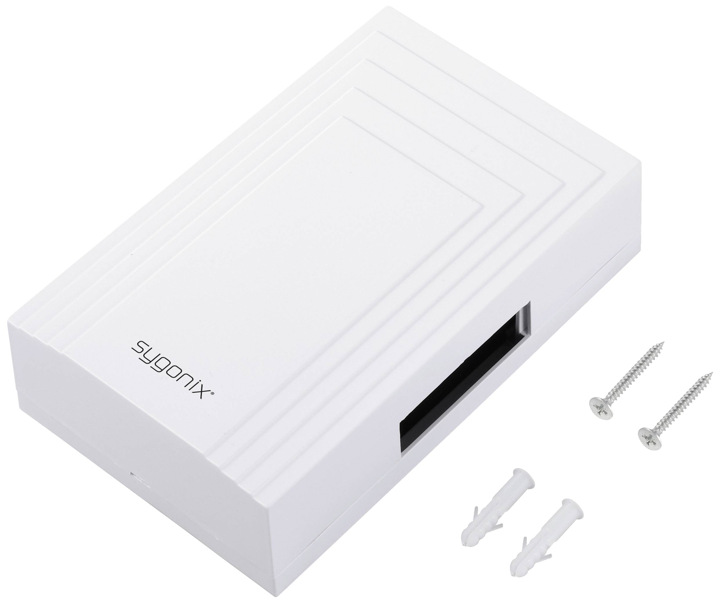 Weiße Plastikbox mit der Aufschrift 'sygonix', zwei Schrauben und passenden Dübeln daneben.